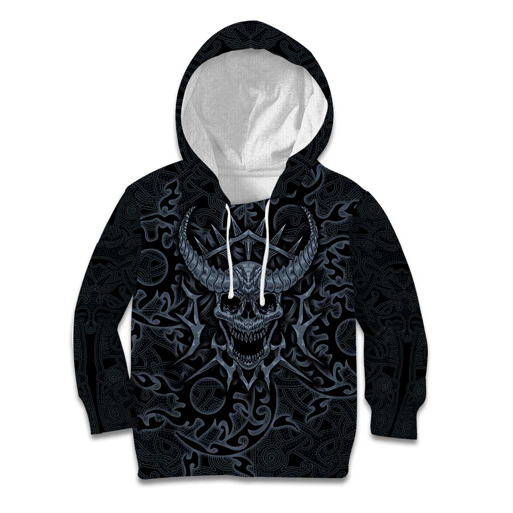 Viking Horned Skull and Raven Emblem Kid Hoodie Dark Nordic Tribal Grunge Illustration