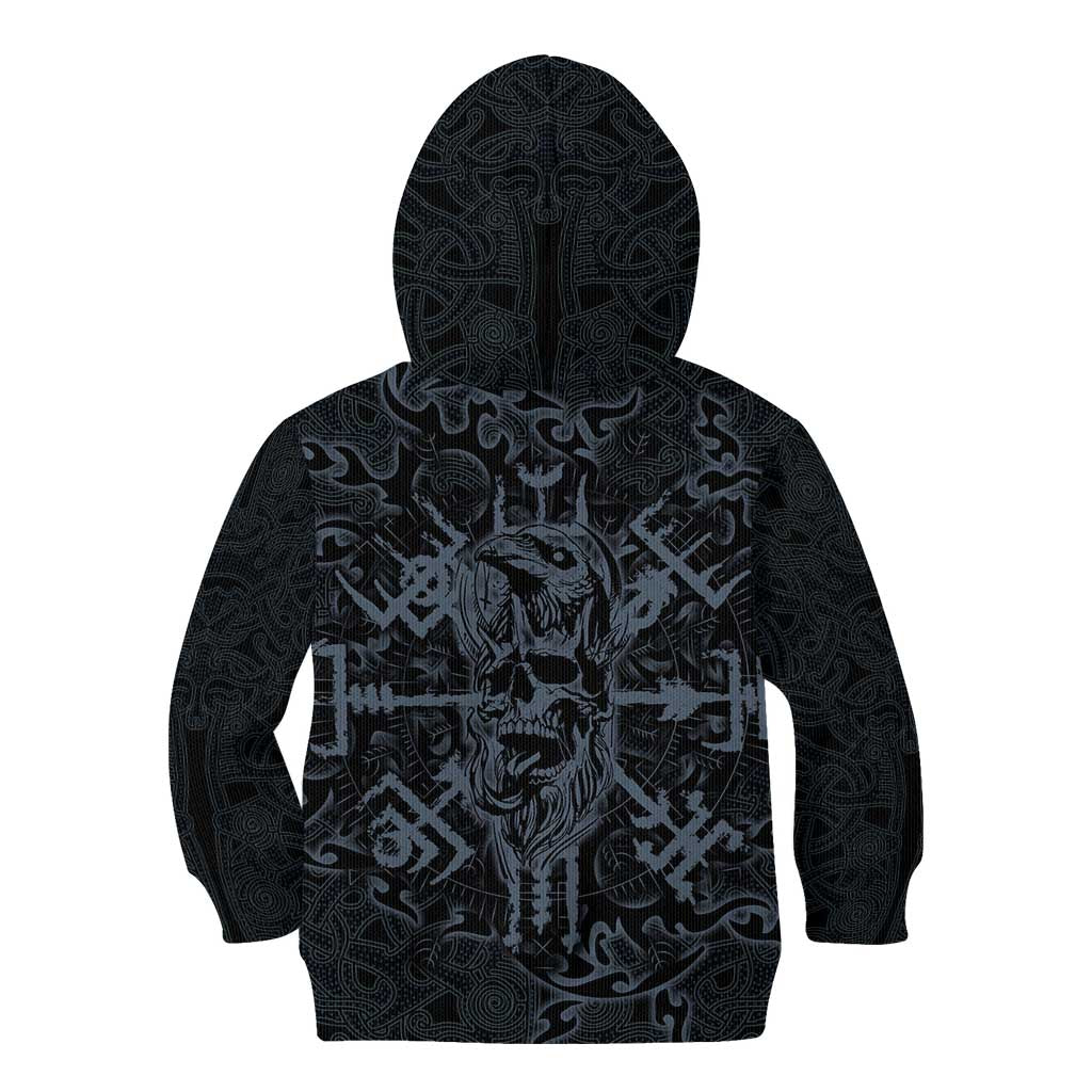 Viking Horned Skull and Raven Emblem Kid Hoodie Dark Nordic Tribal Grunge Illustration