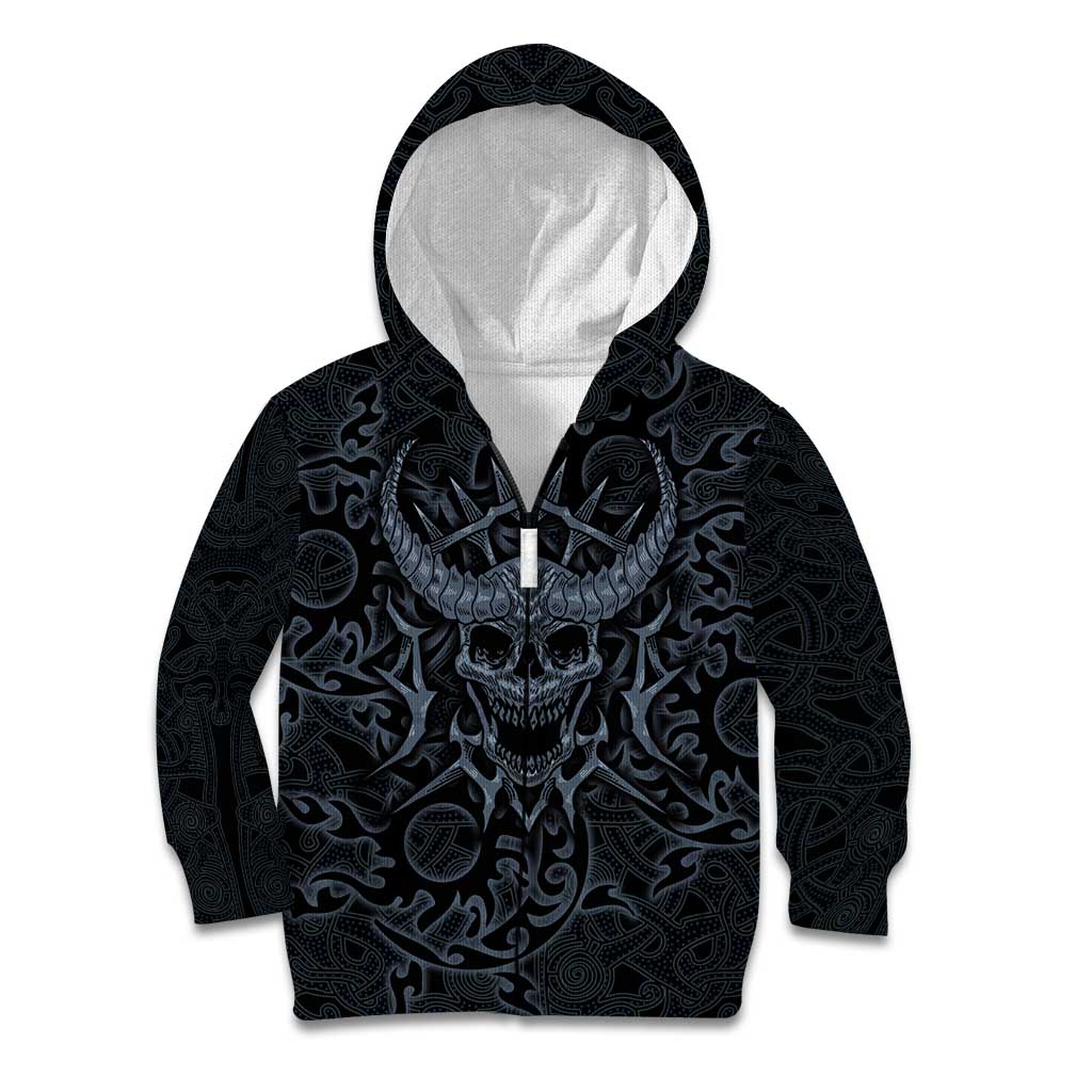 Viking Horned Skull and Raven Emblem Kid Hoodie Dark Nordic Tribal Grunge Illustration