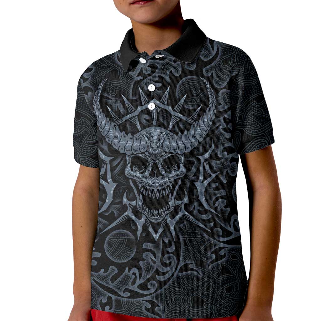 Viking Horned Skull and Raven Emblem Kid Polo Shirt Dark Nordic Tribal Grunge Illustration