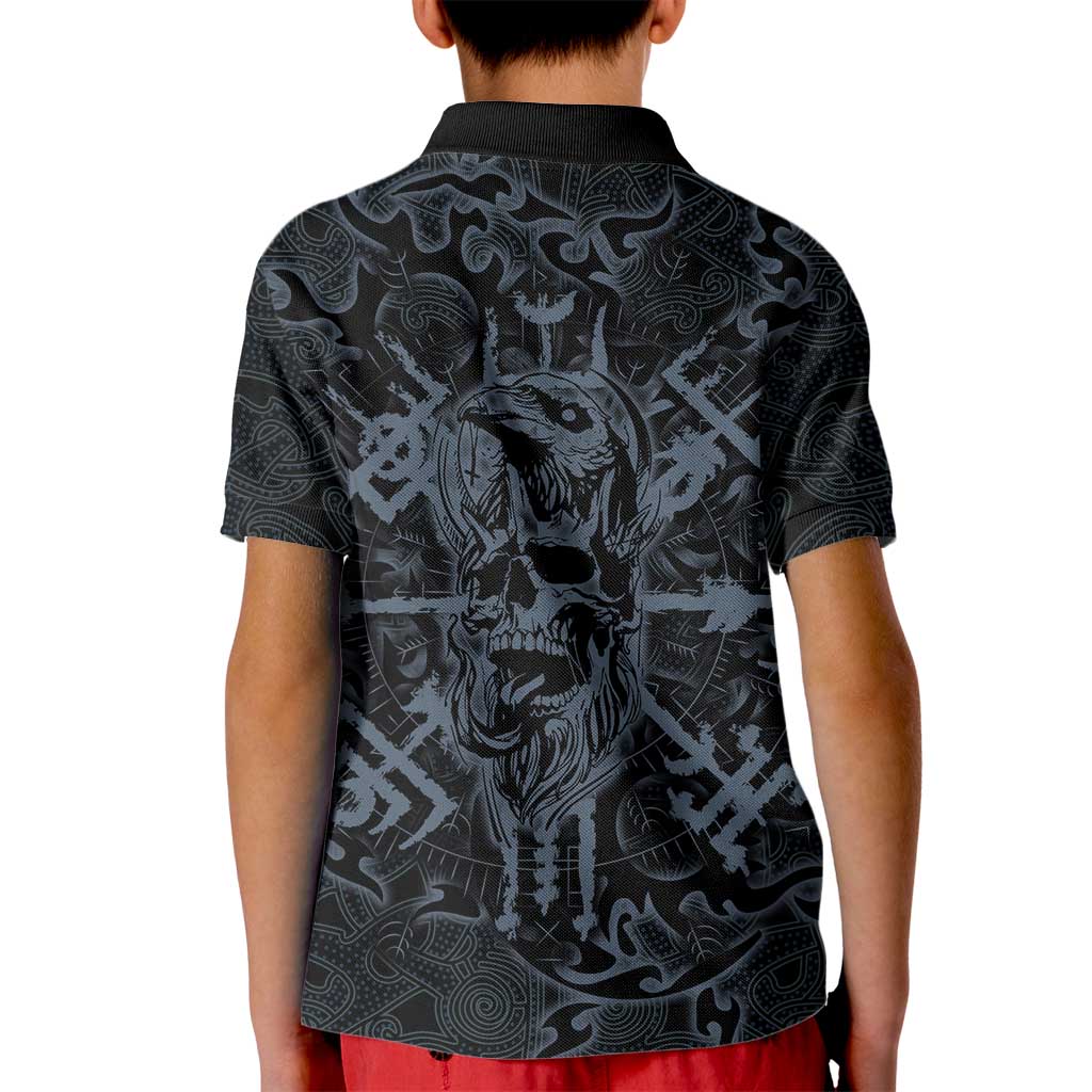 Viking Horned Skull and Raven Emblem Kid Polo Shirt Dark Nordic Tribal Grunge Illustration
