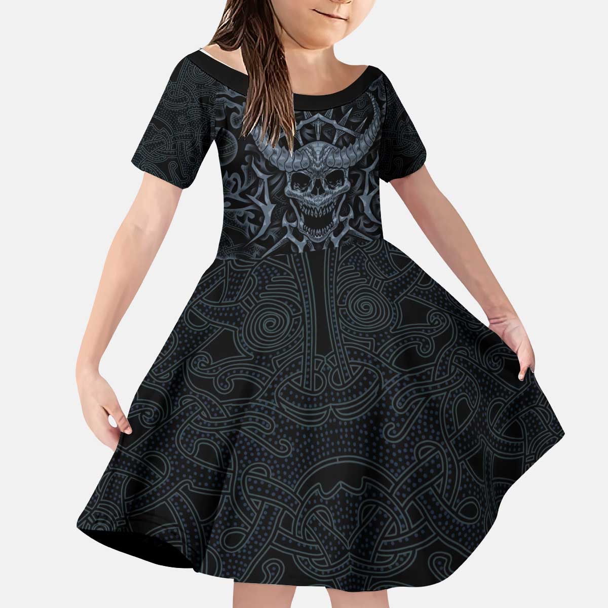 Viking Horned Skull and Raven Emblem Kid Short Sleeve Dress Dark Nordic Tribal Grunge Illustration