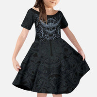 Viking Horned Skull and Raven Emblem Kid Short Sleeve Dress Dark Nordic Tribal Grunge Illustration