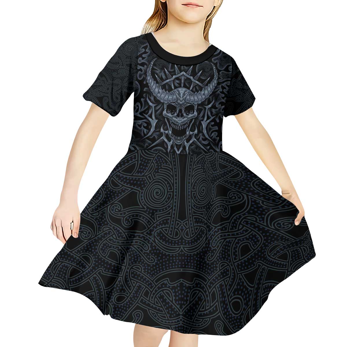Viking Horned Skull and Raven Emblem Kid Short Sleeve Dress Dark Nordic Tribal Grunge Illustration