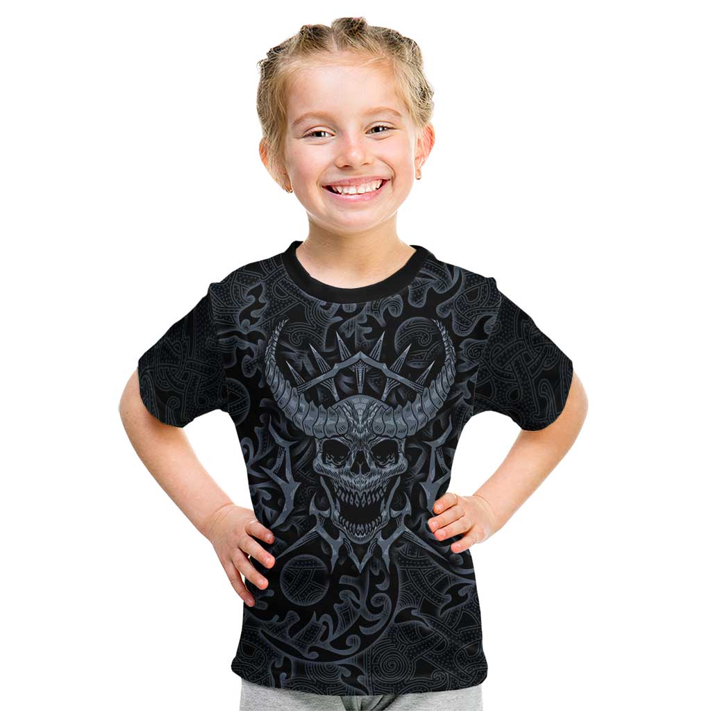 Viking Horned Skull and Raven Emblem Kid T Shirt Dark Nordic Tribal Grunge Illustration