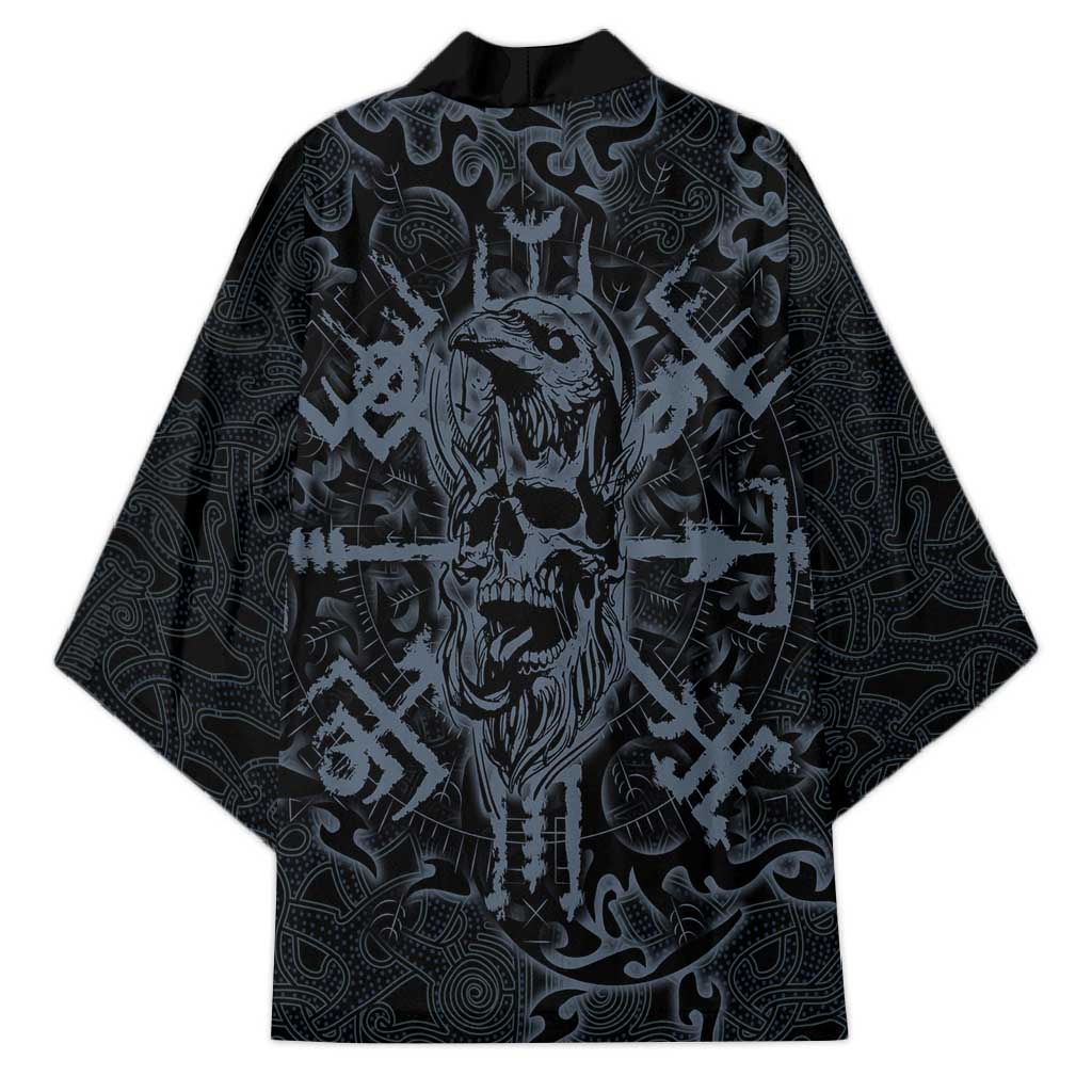 Viking Horned Skull and Raven Emblem Kimono Dark Nordic Tribal Grunge Illustration