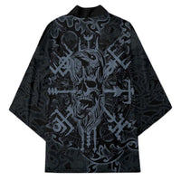 Viking Horned Skull and Raven Emblem Kimono Dark Nordic Tribal Grunge Illustration