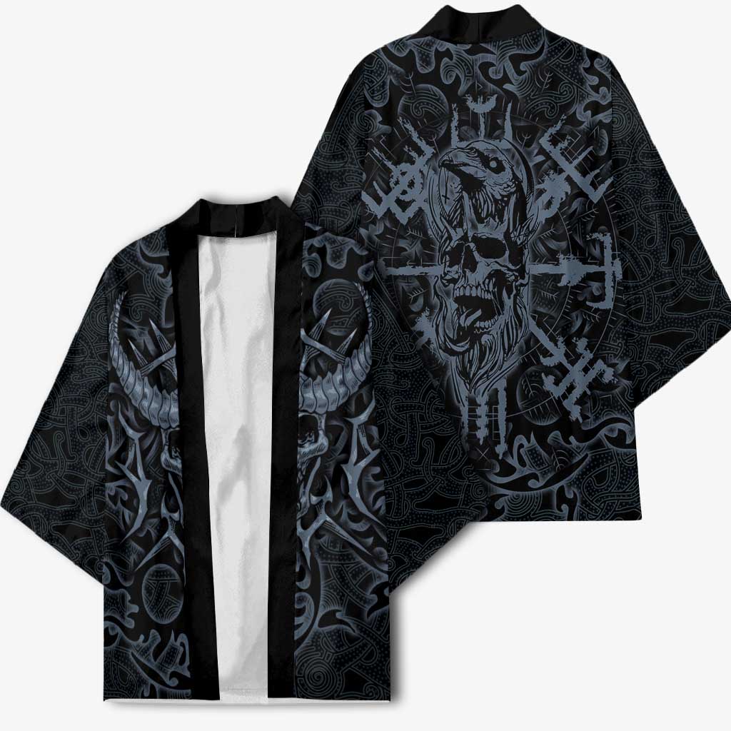 Viking Horned Skull and Raven Emblem Kimono Dark Nordic Tribal Grunge Illustration