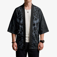 Viking Horned Skull and Raven Emblem Kimono Dark Nordic Tribal Grunge Illustration