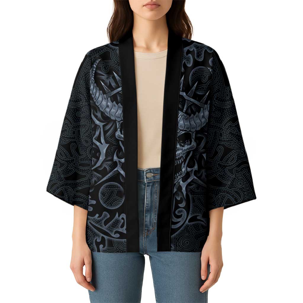 Viking Horned Skull and Raven Emblem Kimono Dark Nordic Tribal Grunge Illustration