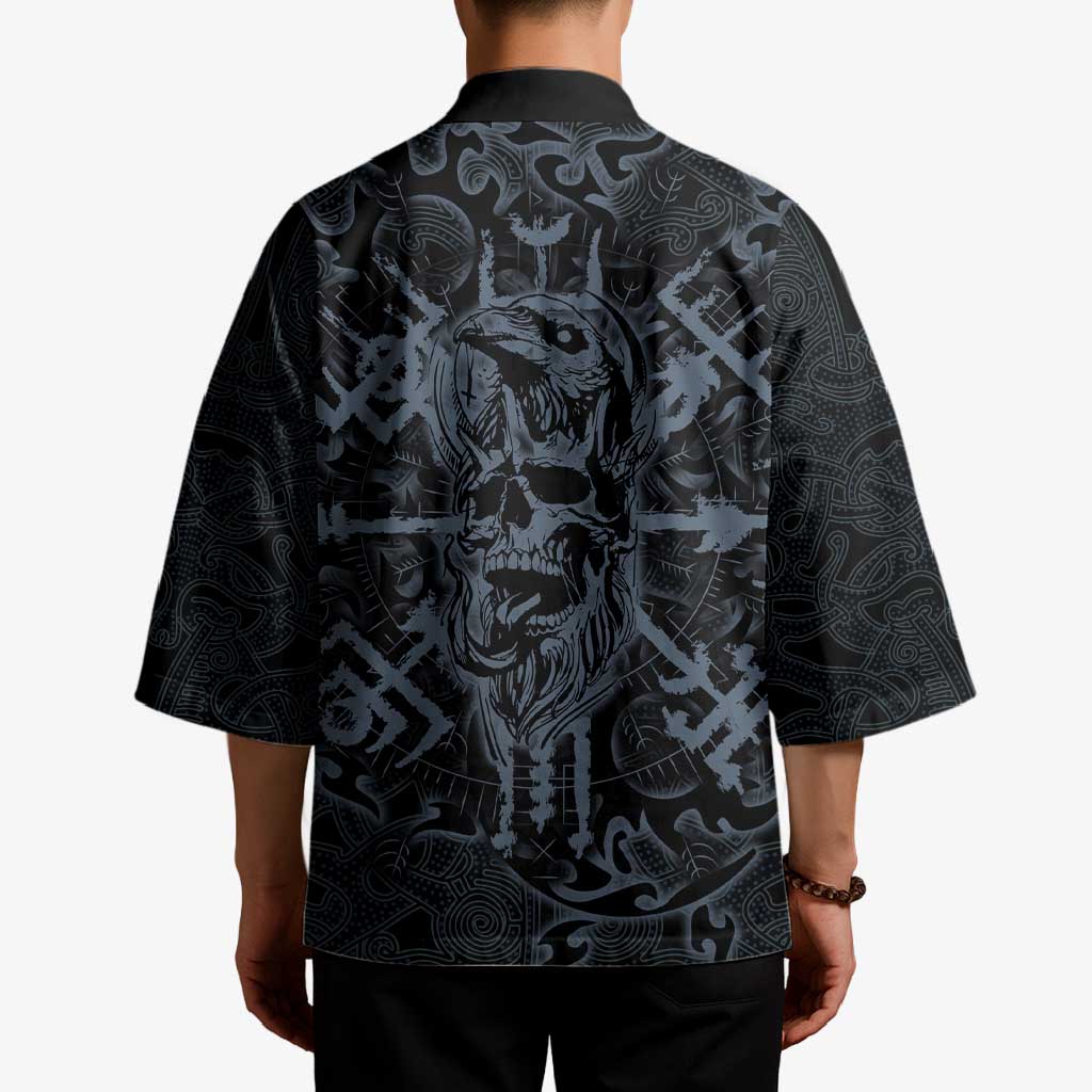 Viking Horned Skull and Raven Emblem Kimono Dark Nordic Tribal Grunge Illustration