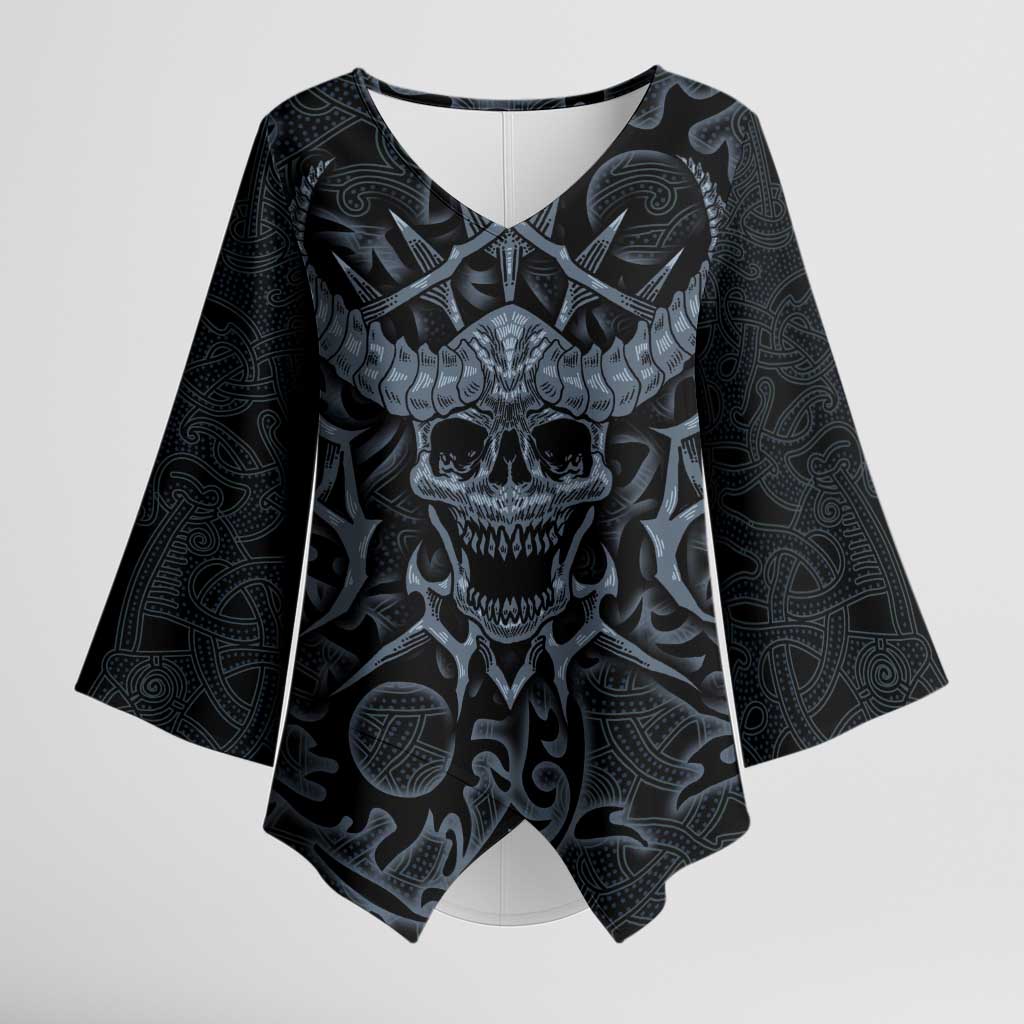 Viking Horned Skull and Raven Emblem Kimono Sleeve Blouse Dark Nordic Tribal Grunge Illustration