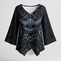 Viking Horned Skull and Raven Emblem Kimono Sleeve Blouse Dark Nordic Tribal Grunge Illustration