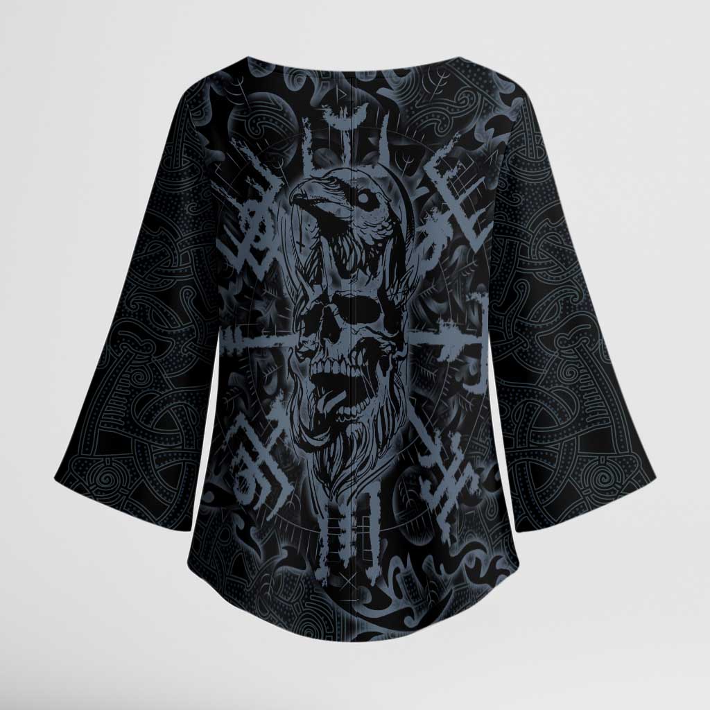Viking Horned Skull and Raven Emblem Kimono Sleeve Blouse Dark Nordic Tribal Grunge Illustration