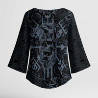 Viking Horned Skull and Raven Emblem Kimono Sleeve Blouse Dark Nordic Tribal Grunge Illustration