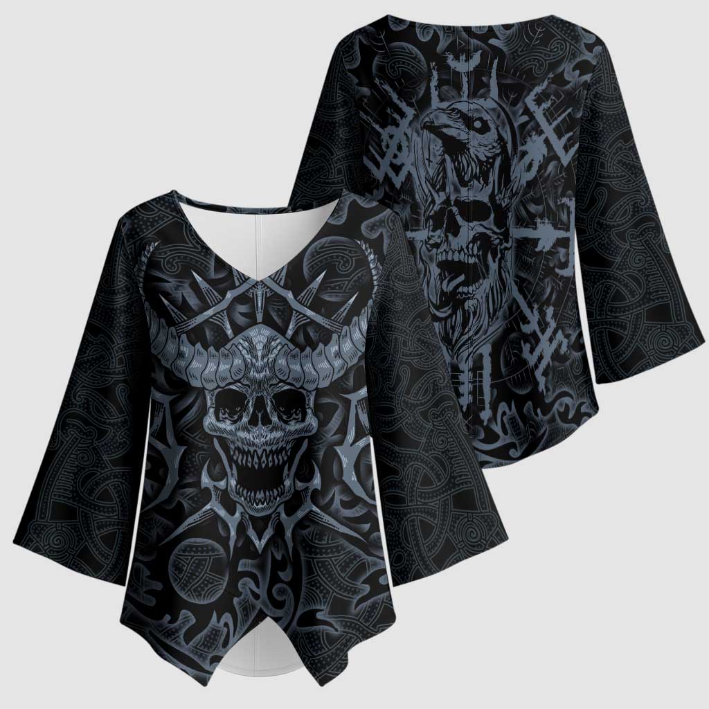Viking Horned Skull and Raven Emblem Kimono Sleeve Blouse Dark Nordic Tribal Grunge Illustration