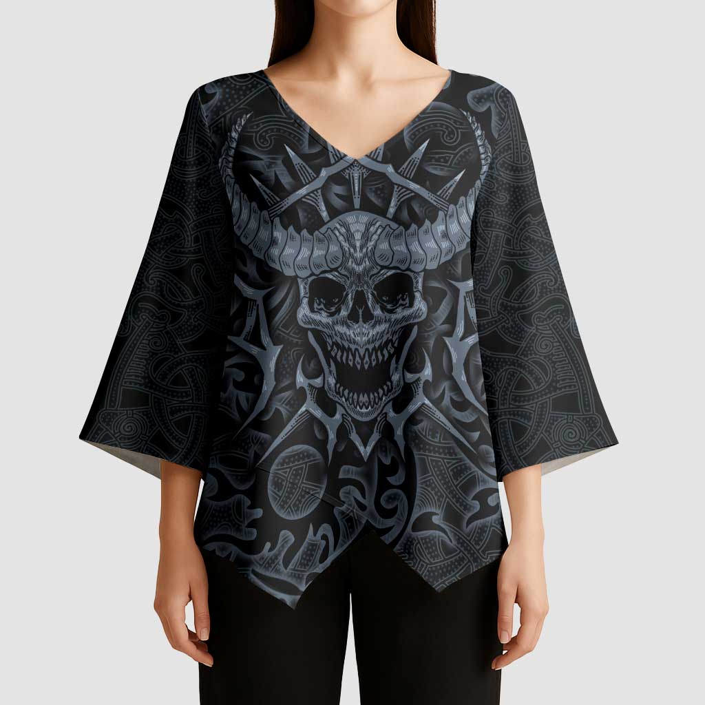 Viking Horned Skull and Raven Emblem Kimono Sleeve Blouse Dark Nordic Tribal Grunge Illustration