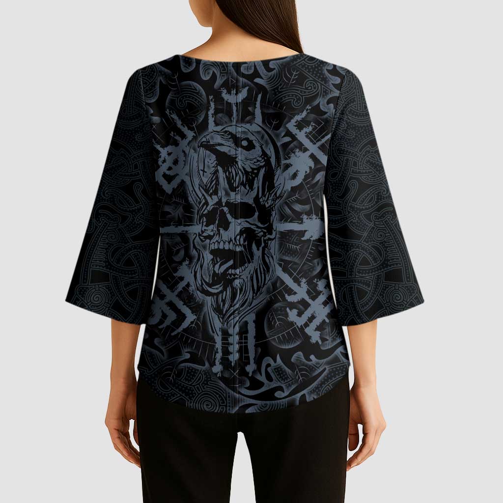 Viking Horned Skull and Raven Emblem Kimono Sleeve Blouse Dark Nordic Tribal Grunge Illustration