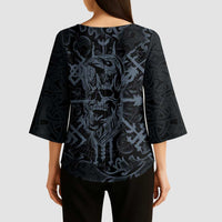 Viking Horned Skull and Raven Emblem Kimono Sleeve Blouse Dark Nordic Tribal Grunge Illustration