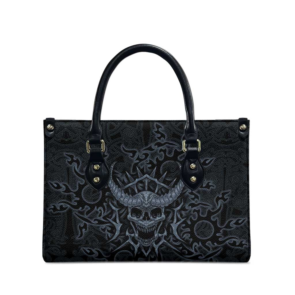 Viking Horned Skull and Raven Emblem Leather Bag Dark Nordic Tribal Grunge Illustration