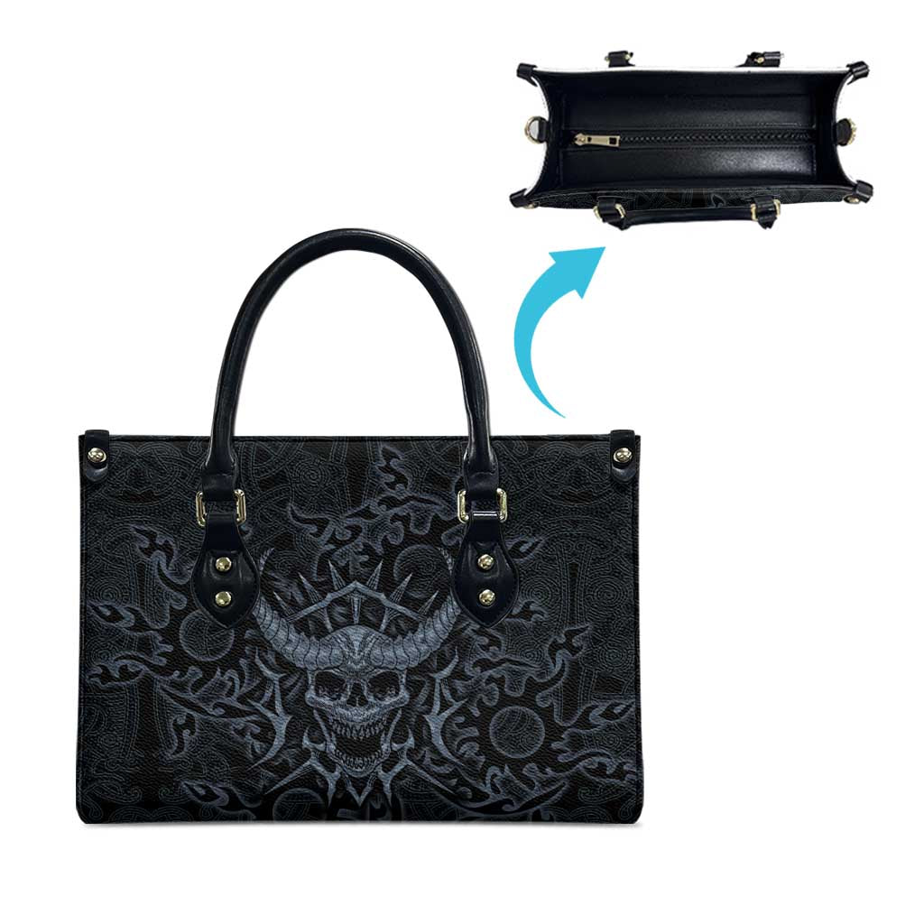 Viking Horned Skull and Raven Emblem Leather Bag Dark Nordic Tribal Grunge Illustration
