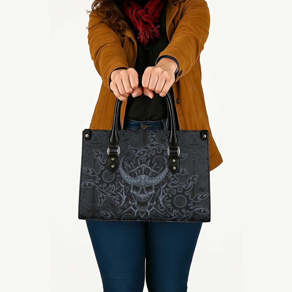 Viking Horned Skull and Raven Emblem Leather Bag Dark Nordic Tribal Grunge Illustration