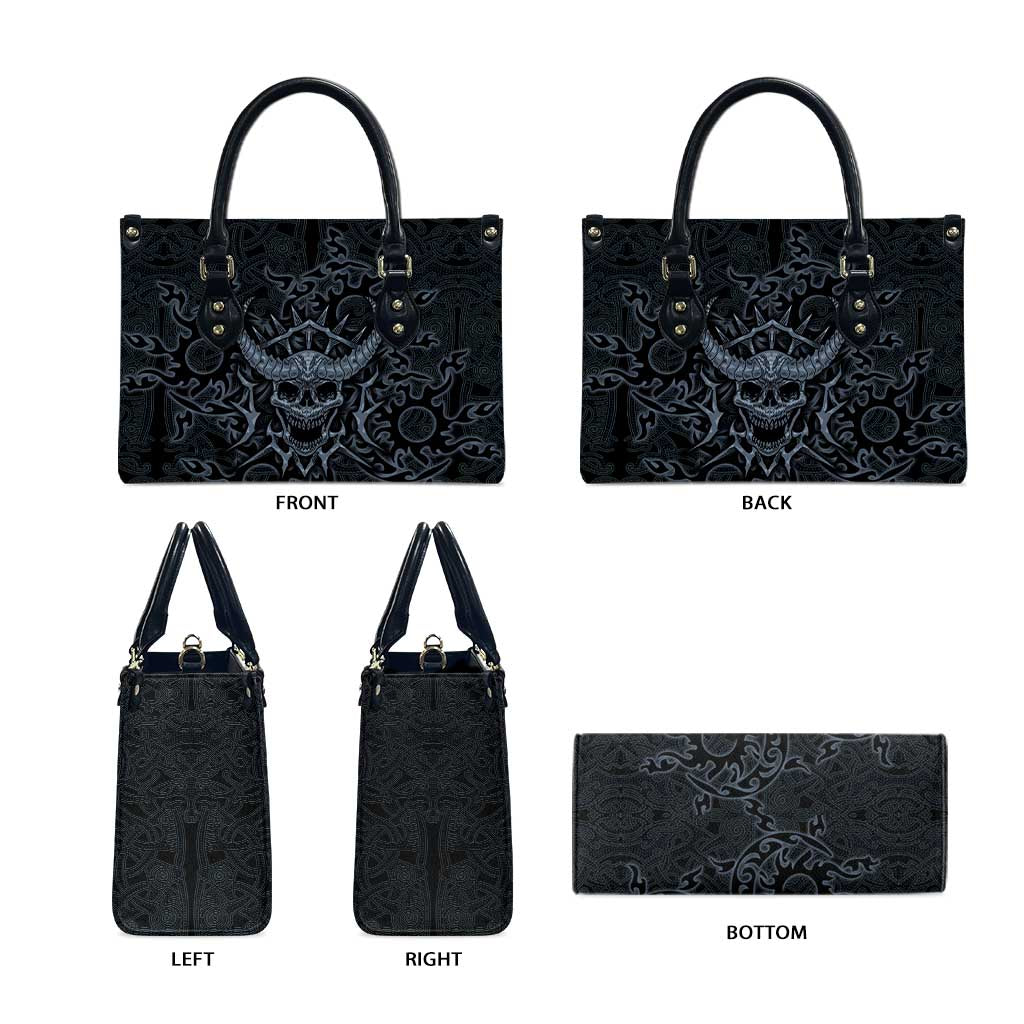 Viking Horned Skull and Raven Emblem Leather Bag Dark Nordic Tribal Grunge Illustration
