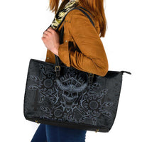 Viking Horned Skull and Raven Emblem Leather Tote Bag Dark Nordic Tribal Grunge Illustration