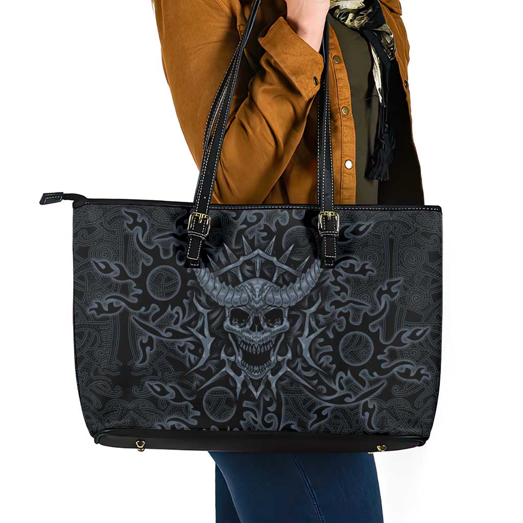 Viking Horned Skull and Raven Emblem Leather Tote Bag Dark Nordic Tribal Grunge Illustration