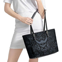 Viking Horned Skull and Raven Emblem Leather Tote Bag Dark Nordic Tribal Grunge Illustration