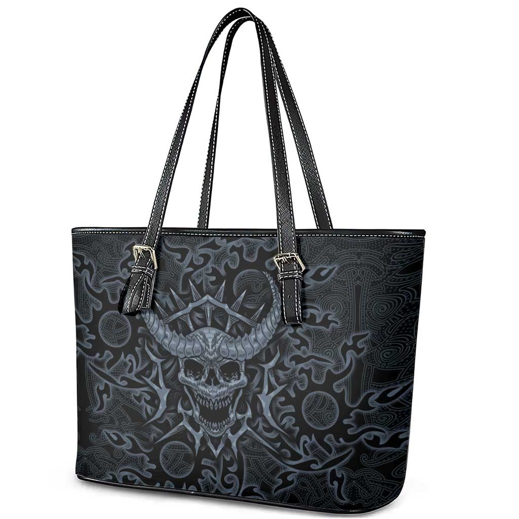 Viking Horned Skull and Raven Emblem Leather Tote Bag Dark Nordic Tribal Grunge Illustration