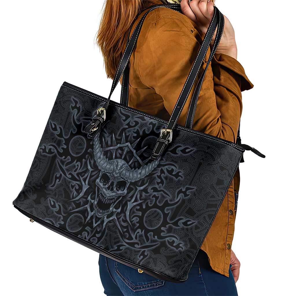 Viking Horned Skull and Raven Emblem Leather Tote Bag Dark Nordic Tribal Grunge Illustration