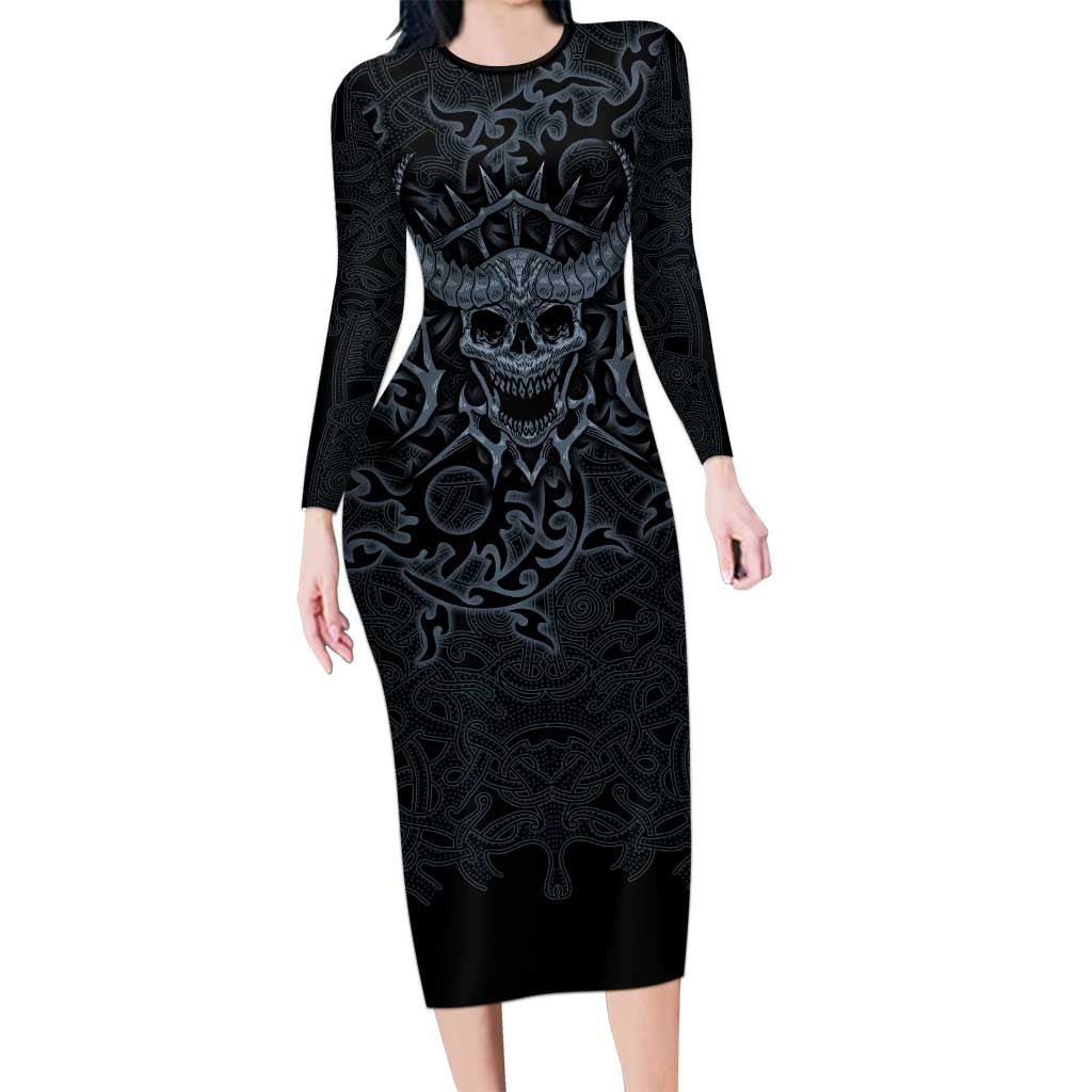 Viking Horned Skull and Raven Emblem Long Sleeve Bodycon Dress Dark Nordic Tribal Grunge Illustration