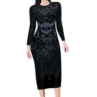 Viking Horned Skull and Raven Emblem Long Sleeve Bodycon Dress Dark Nordic Tribal Grunge Illustration