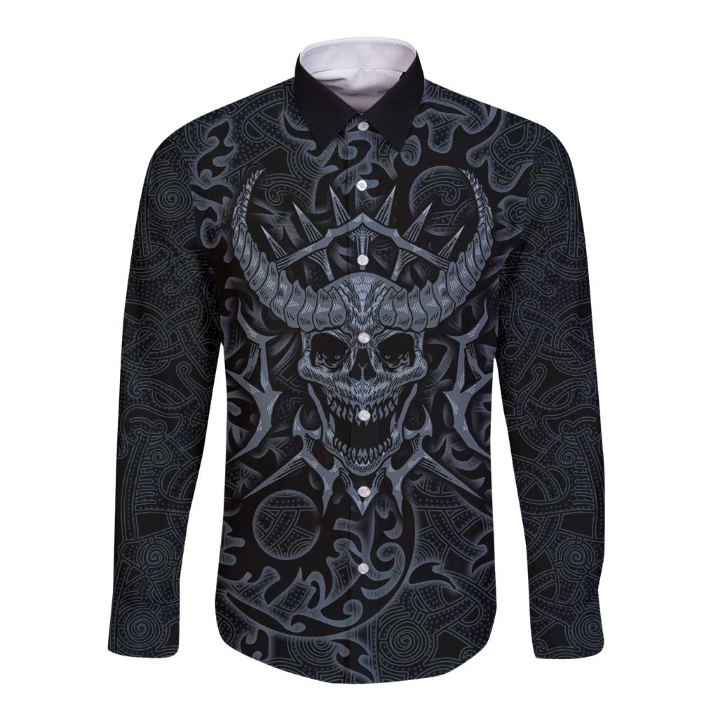 Viking Horned Skull and Raven Emblem Long Sleeve Button Shirt Dark Nordic Tribal Grunge Illustration