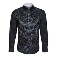 Viking Horned Skull and Raven Emblem Long Sleeve Button Shirt Dark Nordic Tribal Grunge Illustration