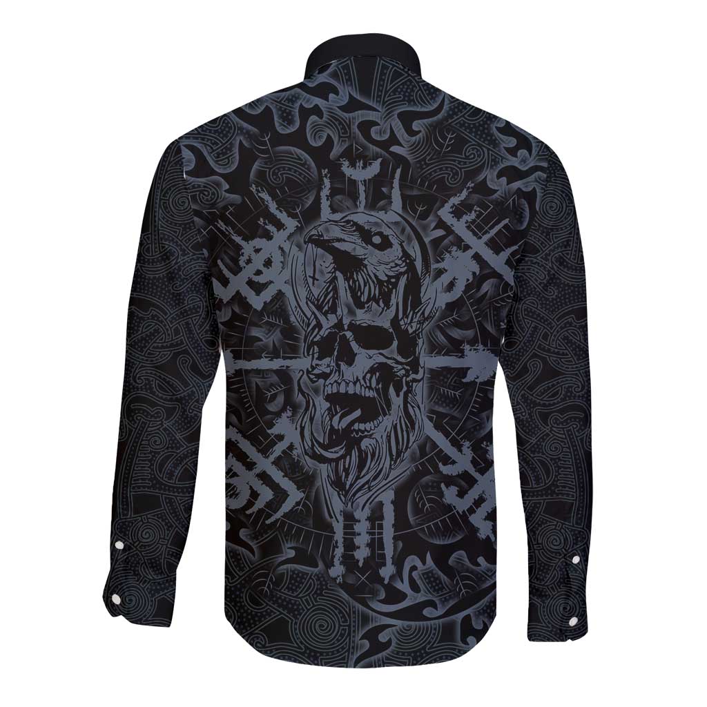Viking Horned Skull and Raven Emblem Long Sleeve Button Shirt Dark Nordic Tribal Grunge Illustration