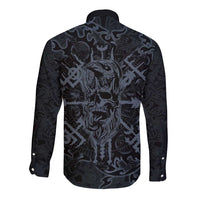 Viking Horned Skull and Raven Emblem Long Sleeve Button Shirt Dark Nordic Tribal Grunge Illustration