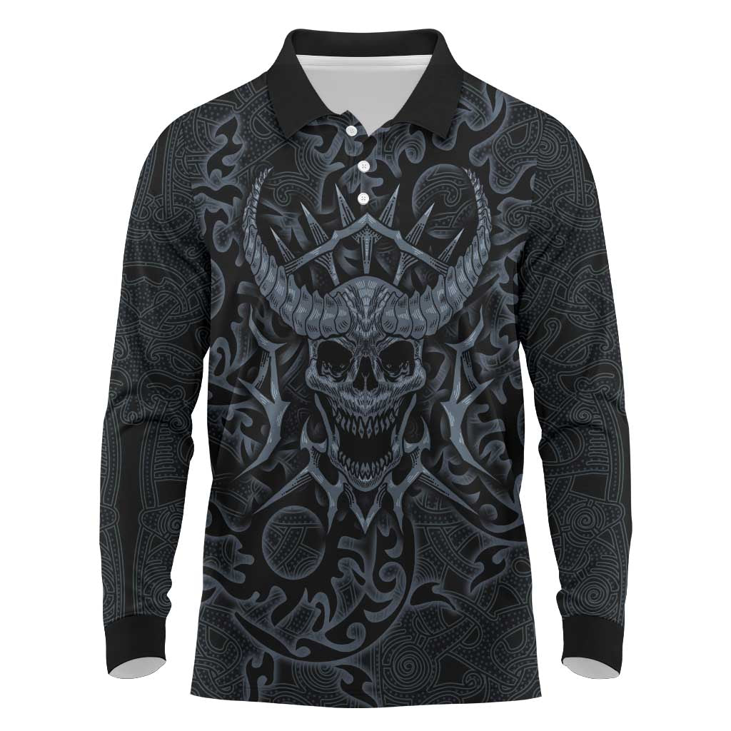 Viking Horned Skull and Raven Emblem Long Sleeve Polo Shirt Dark Nordic Tribal Grunge Illustration