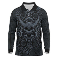 Viking Horned Skull and Raven Emblem Long Sleeve Polo Shirt Dark Nordic Tribal Grunge Illustration