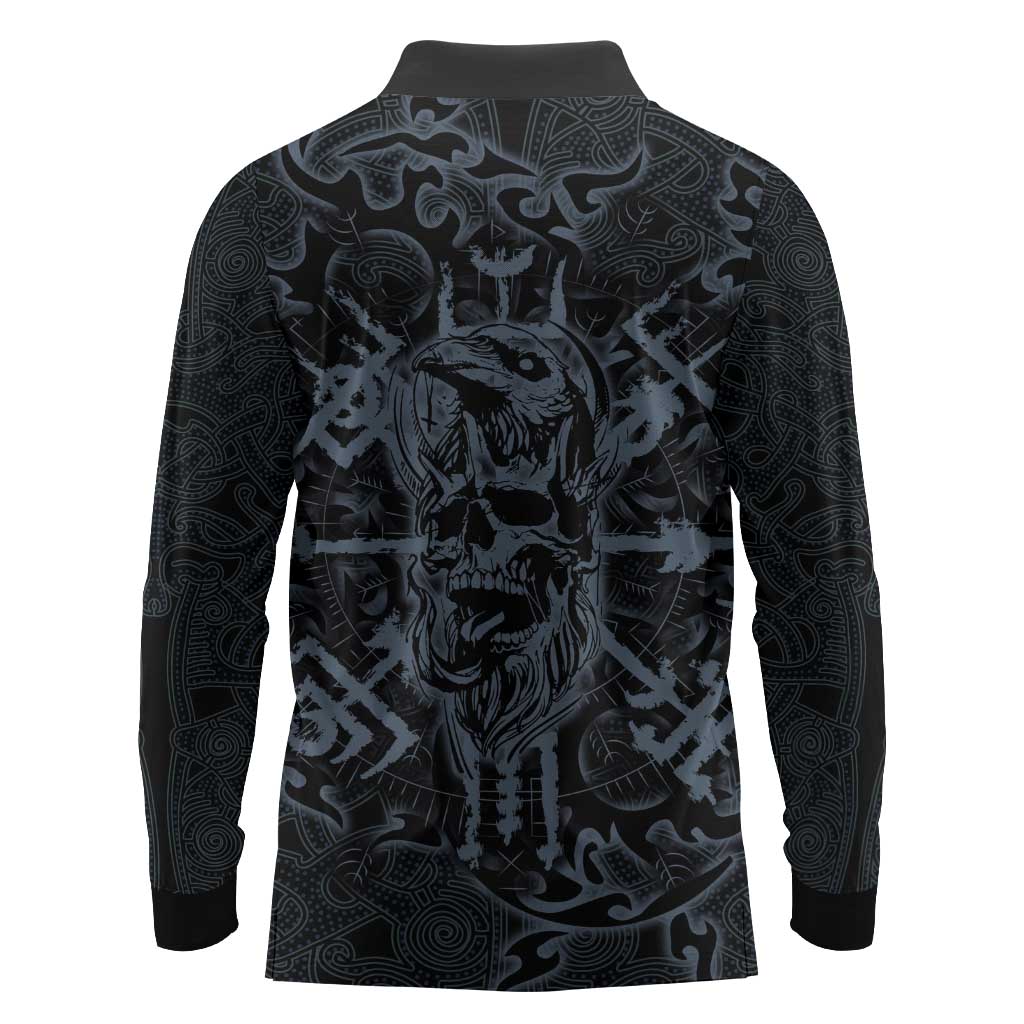 Viking Horned Skull and Raven Emblem Long Sleeve Polo Shirt Dark Nordic Tribal Grunge Illustration
