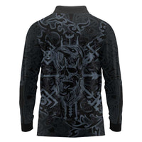 Viking Horned Skull and Raven Emblem Long Sleeve Polo Shirt Dark Nordic Tribal Grunge Illustration