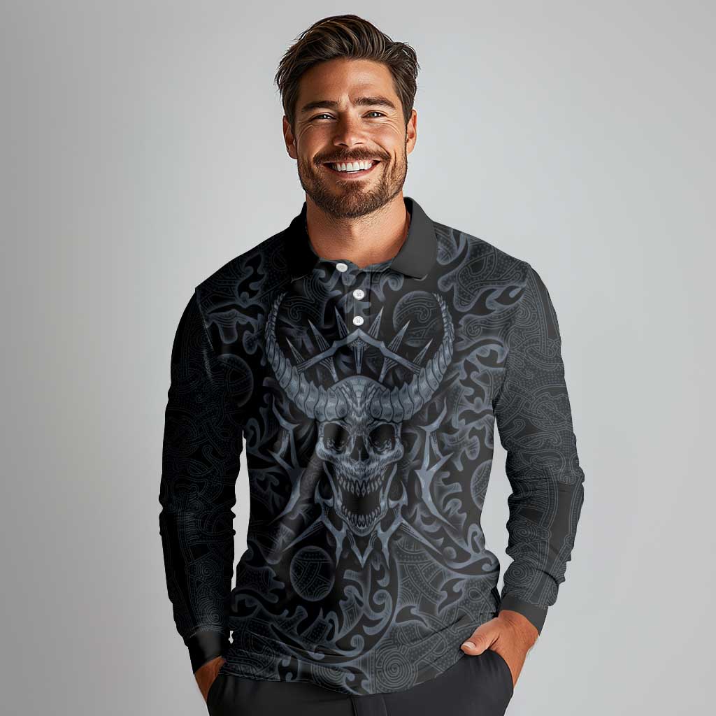 Viking Horned Skull and Raven Emblem Long Sleeve Polo Shirt Dark Nordic Tribal Grunge Illustration