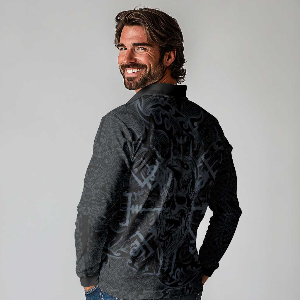 Viking Horned Skull and Raven Emblem Long Sleeve Polo Shirt Dark Nordic Tribal Grunge Illustration
