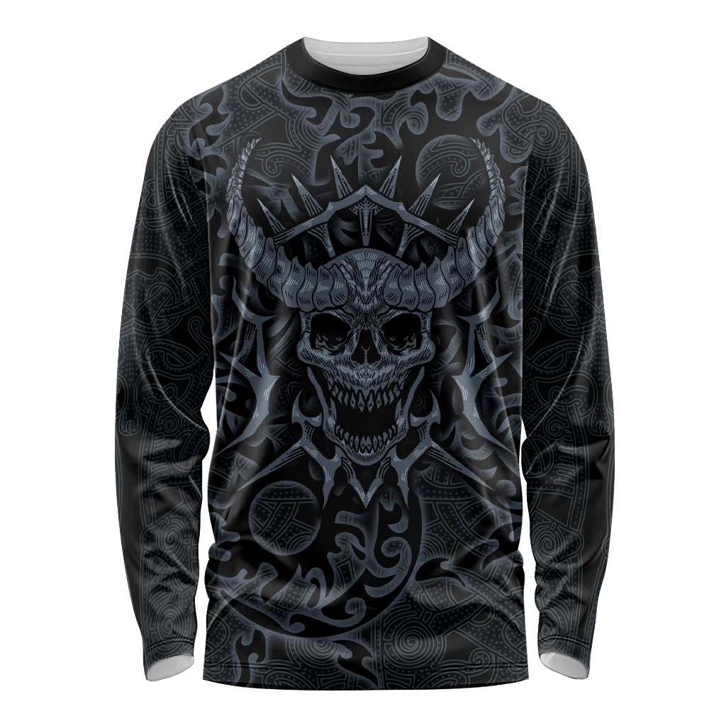 Viking Horned Skull and Raven Emblem Long Sleeve Shirt Dark Nordic Tribal Grunge Illustration