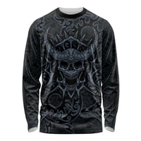 Viking Horned Skull and Raven Emblem Long Sleeve Shirt Dark Nordic Tribal Grunge Illustration