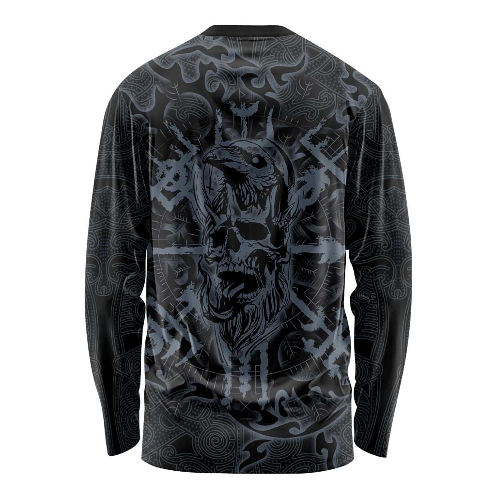 Viking Horned Skull and Raven Emblem Long Sleeve Shirt Dark Nordic Tribal Grunge Illustration