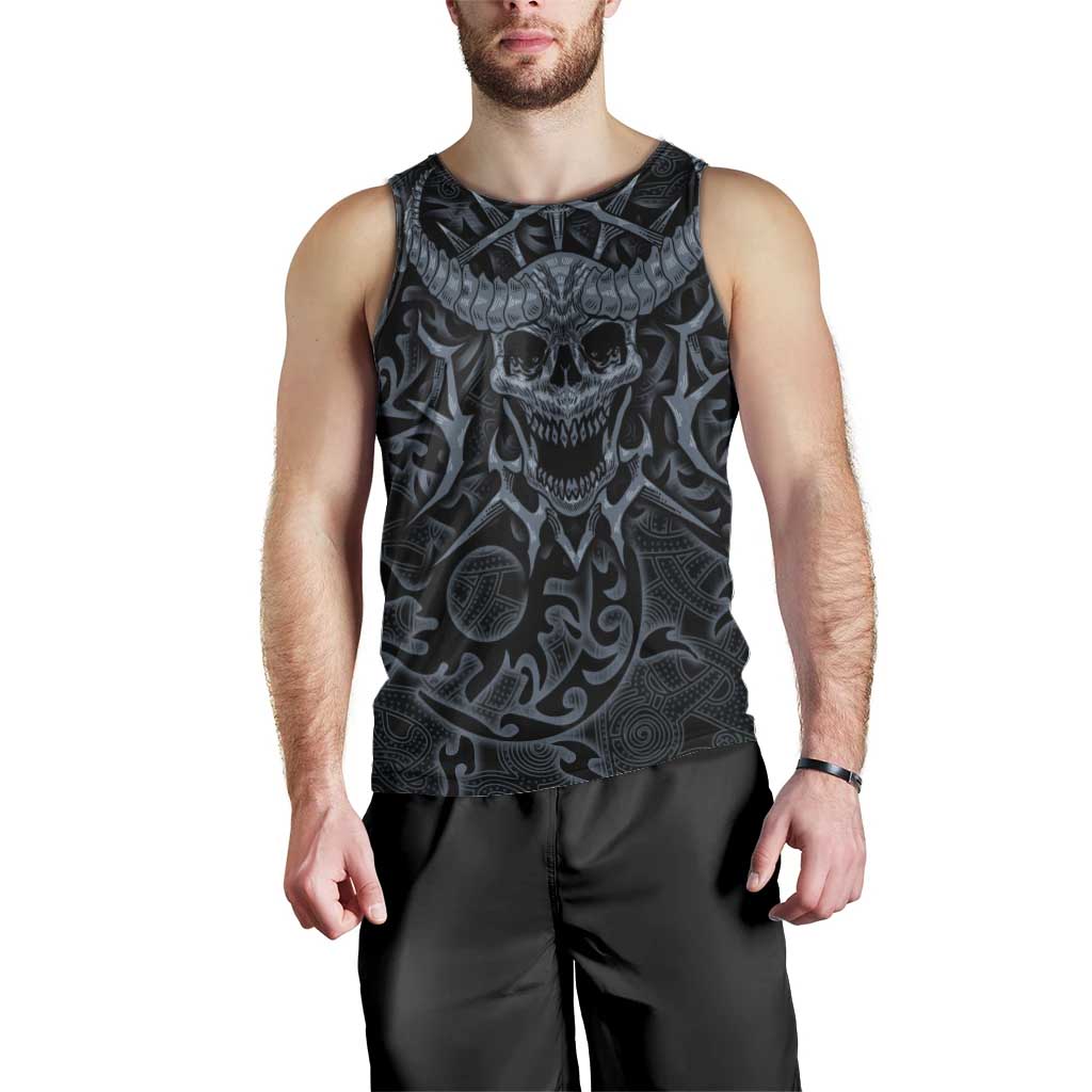 Viking Horned Skull and Raven Emblem Men Tank Top Dark Nordic Tribal Grunge Illustration