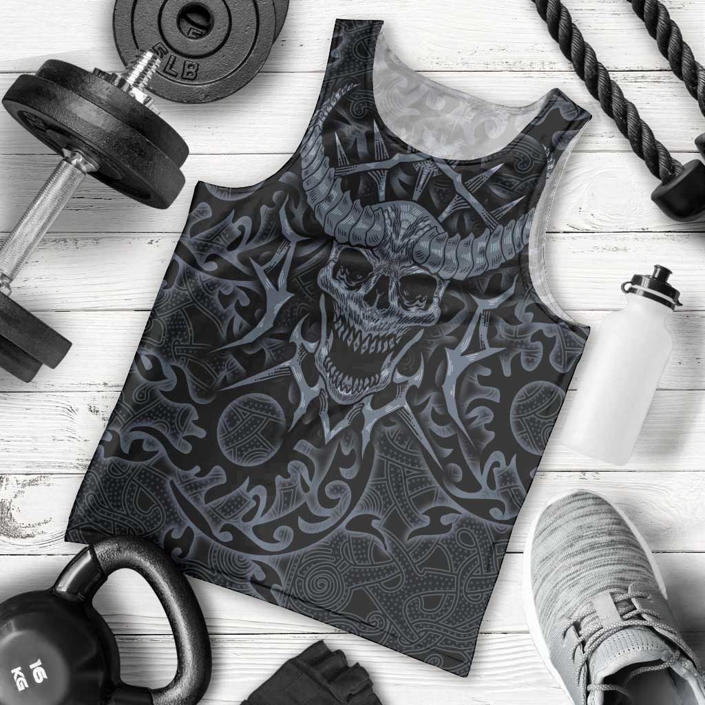 Viking Horned Skull and Raven Emblem Men Tank Top Dark Nordic Tribal Grunge Illustration