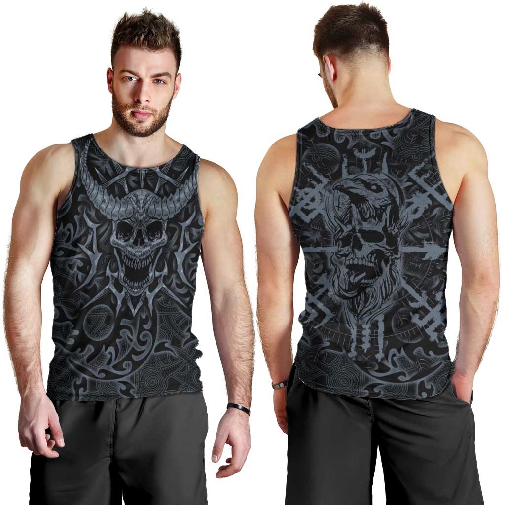 Viking Horned Skull and Raven Emblem Men Tank Top Dark Nordic Tribal Grunge Illustration